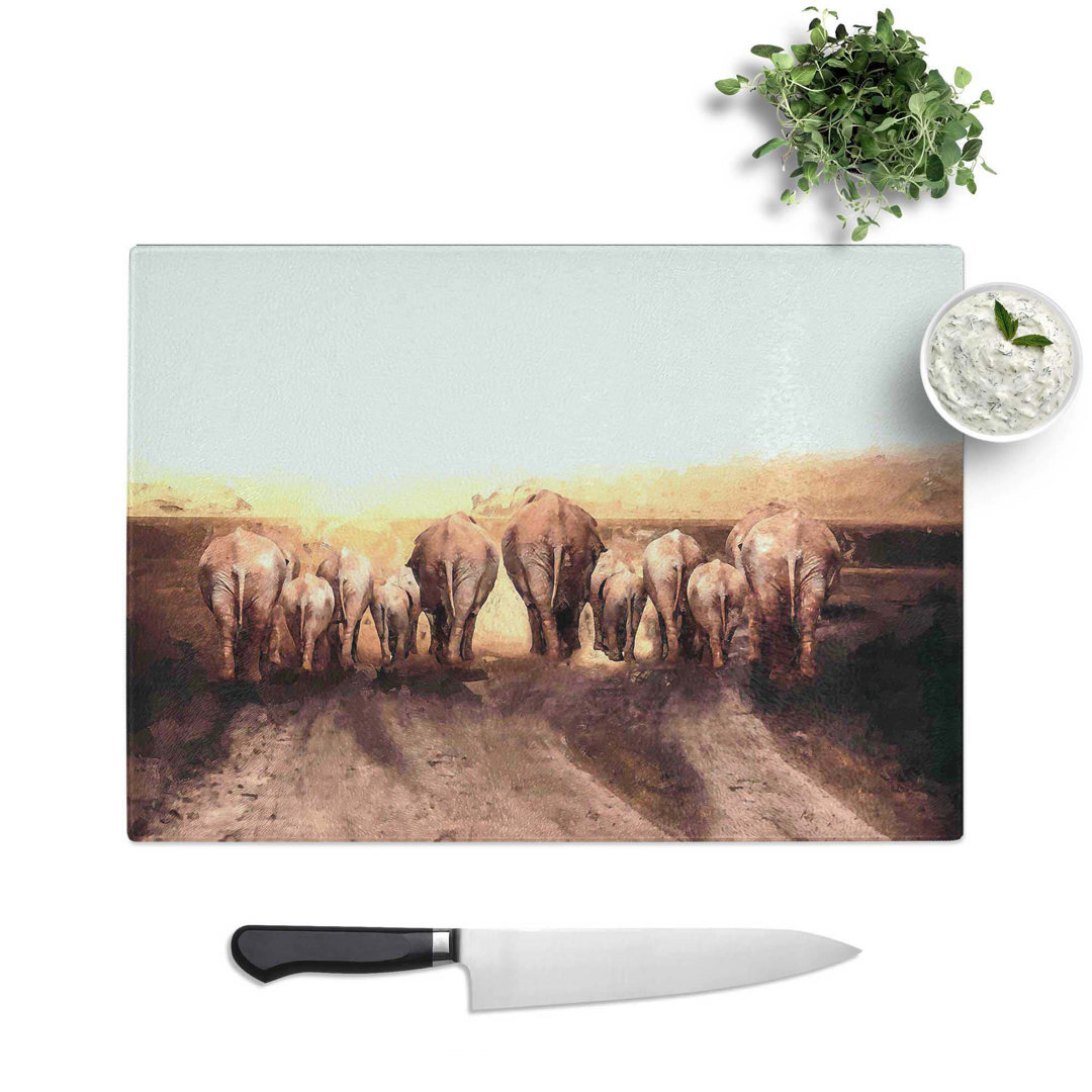 Glass Herd of Elephants On A Dusty Road in Abstract Chopping Board