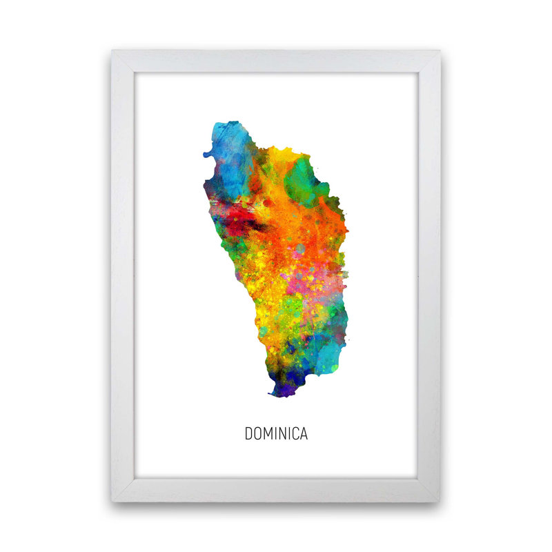Dominica Watercolour Map by Michael Tompsett - Print, White Framed, 46cm H x 34cm W x 3cm D
