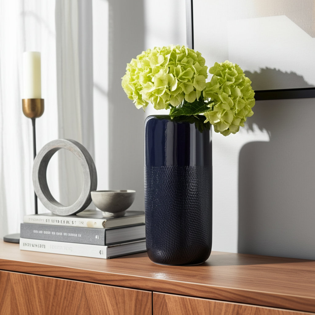 Rachael Stoneware Table Vase, 12" H x 6" W x 6" D, Etched Blue
