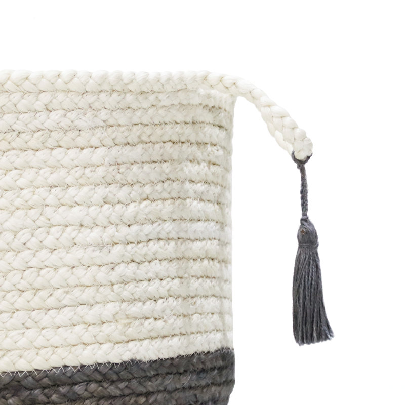 Handmade Round Jute Storage Basket with Gray and White Stripes