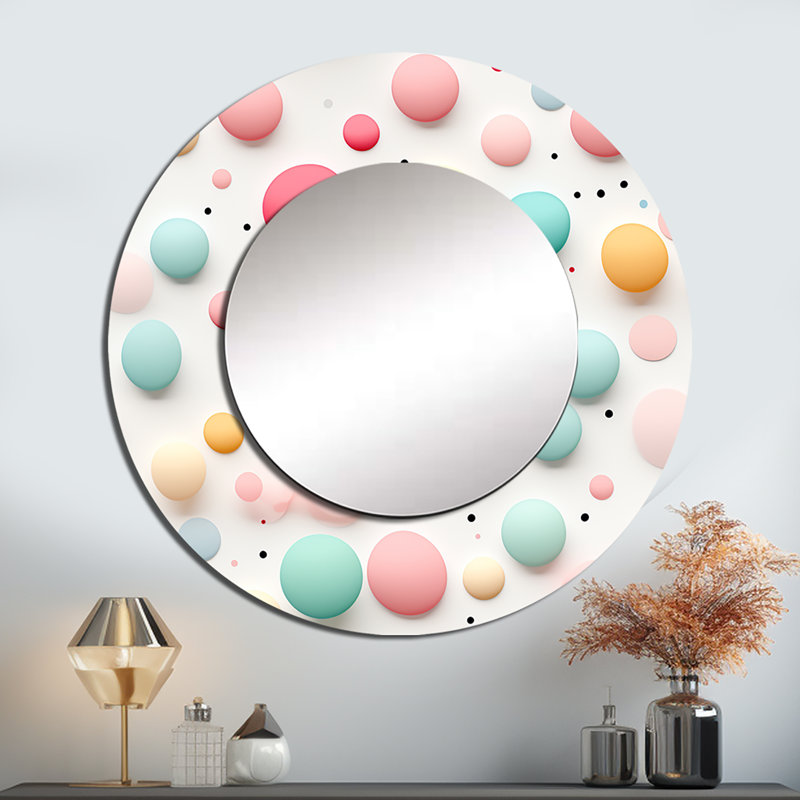 Rezzo Blue And Pink Funky Polka Dot Delights - vintage  Decorative Wall Mirror, Blue Round Mirror, Printed Metal Art