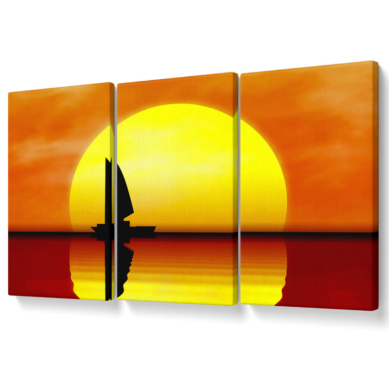 Boat Sailing In The Sunset Canvas 3 Panel Set, 81.3cm H x 163cm W