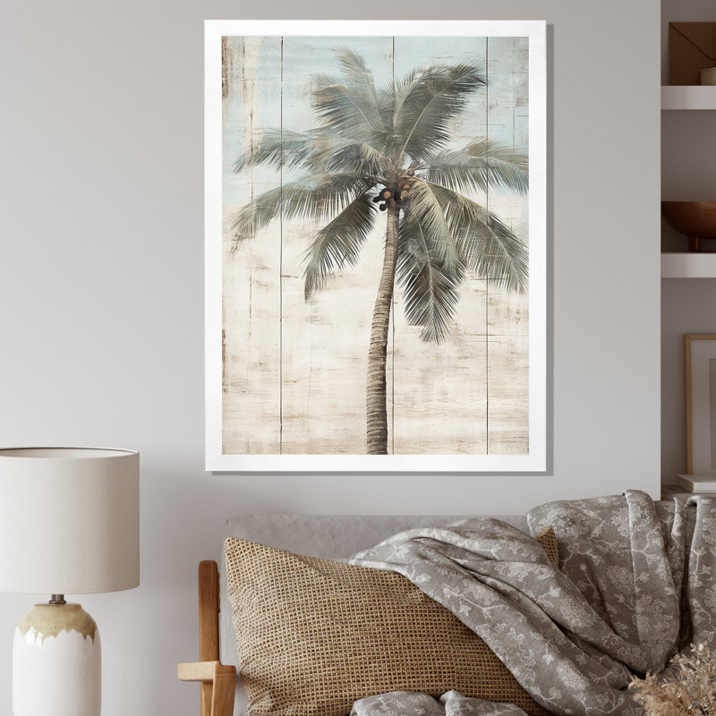 Palmier tropical dans des couleurs rétro délavées - prairie, art mural, H 20 po x l 12 po x P 1 po, Cadre simple blanc