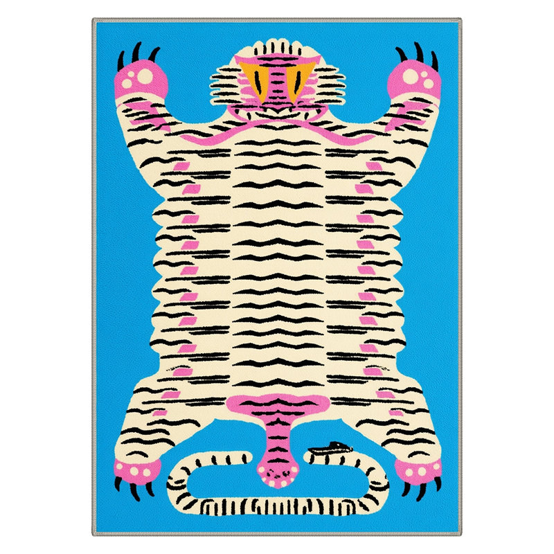 Kai Tiger Animal Print Machine Washable Blue / Pink / Beige Indoor Area Rug with Non-Slip Backing, Rectangle 5' x 7'