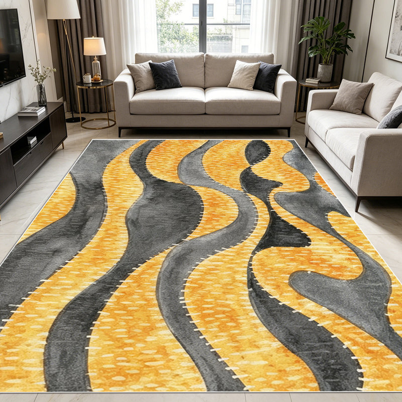 1PC Wavy Stitched Abstract Gold & Charcoal Pattern area rugs for Living Room, Soft and Comfortable, Suitable for all seasons, easy-to-maintain, machine washable Indoor floor mat, Under Table Farmhouse suitable for dining room, bedroom, entryway,