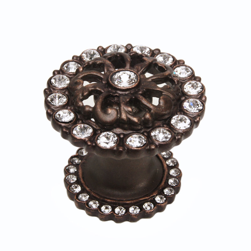 Poignée ronde moyenne Caché avec plateforme halo et cristal transparent Swarovski , Bronze frotté à l'huile