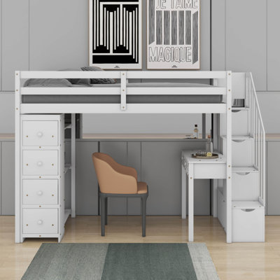 Twin Size Loft Bed With Drawers,Desk,Shelves And Stairs