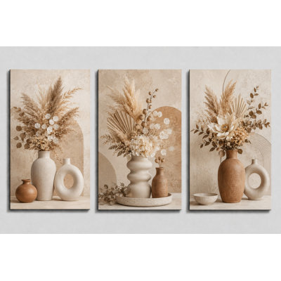 Grand ensemble de 3 vases bohème de la Pampa, art mural, impressions sur toile de ferme neutre pour le salon, chambre à coucher, impression sur toile 16 x 24 pouces - prête à être accrochée