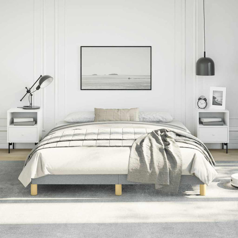 Structure de lit en polyester gris clair avec contreplaqué et lit plateforme tapissier en bois d'ingénierie