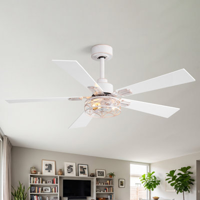 Ventilateur de plafond de 52 po avec cage, éclairage et télécommande, moteur CC réversible et silencieux, douille 2-E12