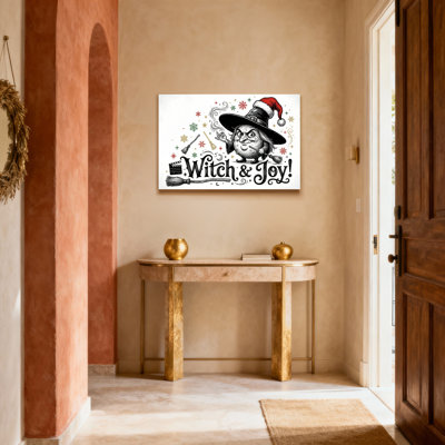Ensemble de 1 tableau sur toile tendue représentant une sorcière et la joie de Noël avec un bonnet de Père Noël.