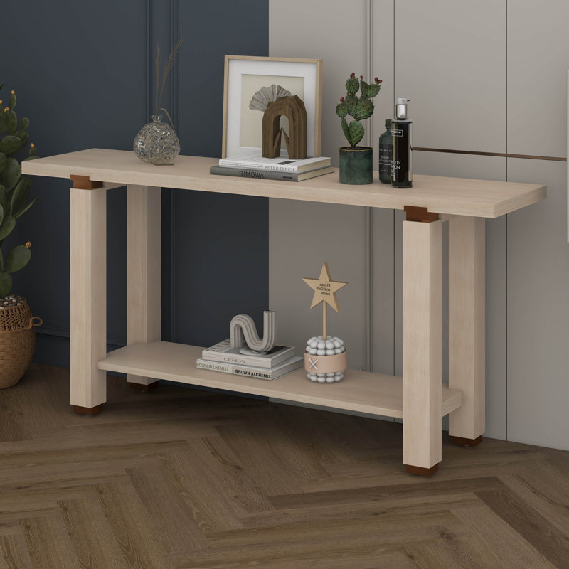 Console de 62,9 po avec console minimaliste moderne, canapé d'entrée en bois de pin massif avec détails en métal, tablette de rangement ouverte