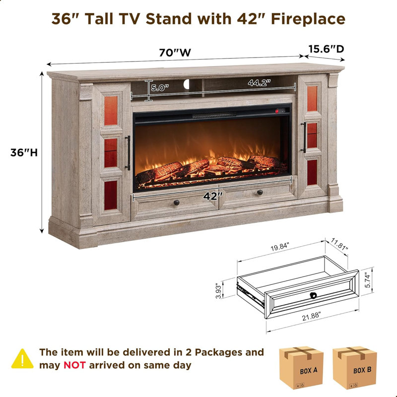 Farmhouse Tv Stand With Electric Fireplace, Light Rustic Oak