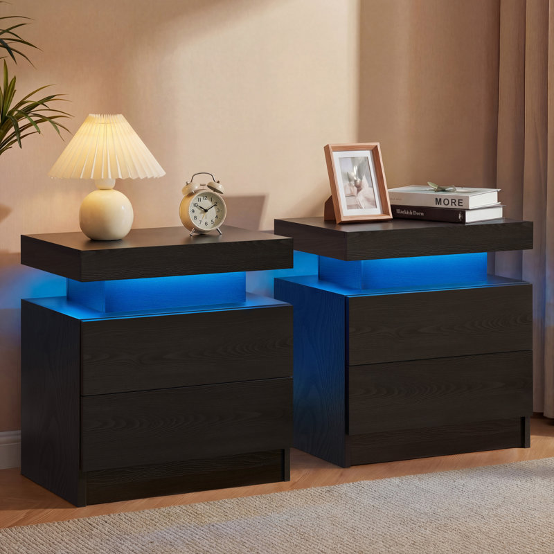 LED Nightstand with Drawers, Black Woodgrain
