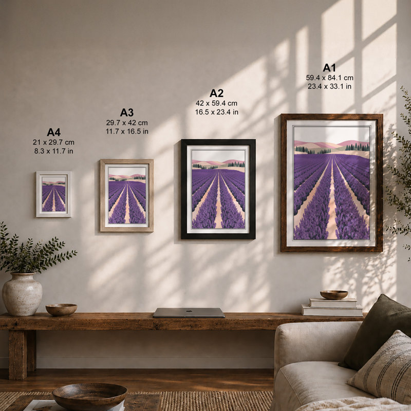 Lavender Fields at Dusk Pastoral - Framed Print, Oak, A4 - 29.7 x 21.0 cm