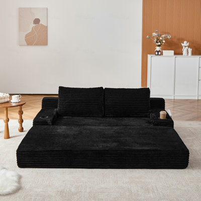 Corduroy two-in-one sofa bed, featuring a lounge chair with two throw pillows, built-in cup holders in the armrests, and side storage pockets-ideal for living rooms, bedrooms, and relaxation