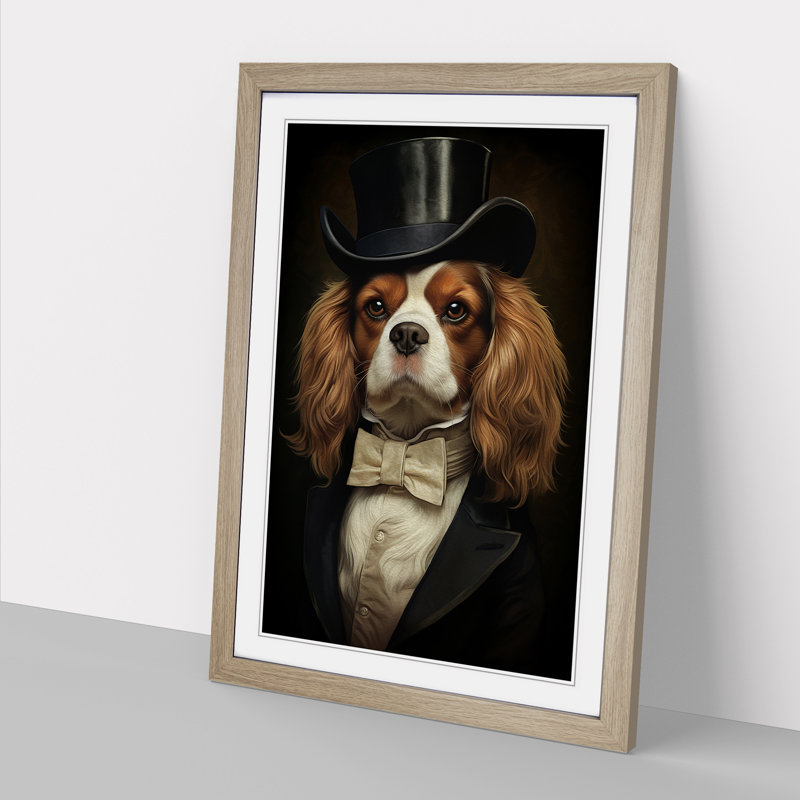 Cavalier King Charles Spaniel Tachisme - Single Picture Frame Print on Wood, Oak , 46cm H x 34cm W x 2cm D