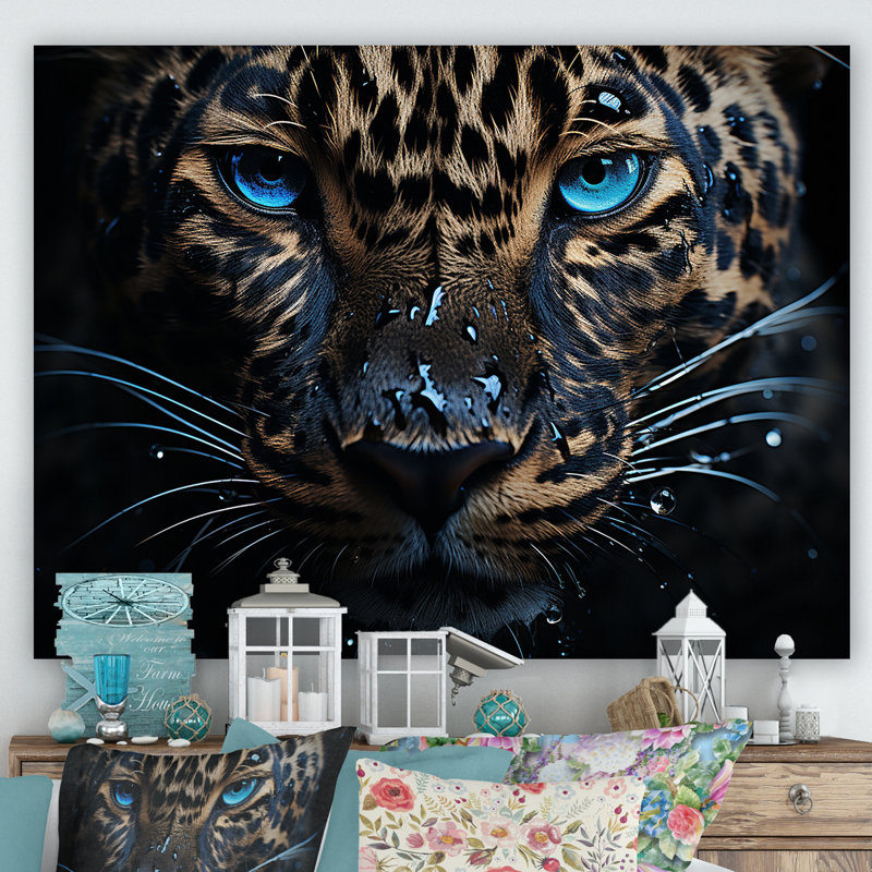 Leopard Nocturnal Souverain Nightime Blues I - art mural léopard pour le salon, Toile tendue, H 30 po x l 40 po x P 1,5 po
