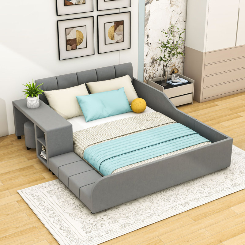 Lit plateforme en velours avec bureau Wakeeny, Double, gris