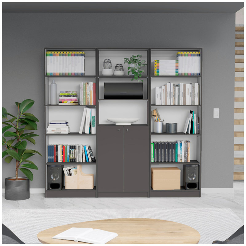 Ensemble de bibliothèque à domicile 3 pièces de 74 po de large avec 13 tablettes et armoire 2 portes Lecanto, gris mat / blanc