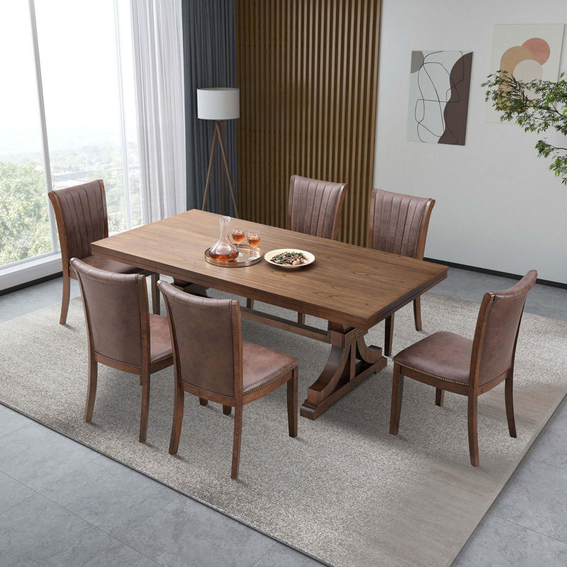 Ensemble de table de salle à manger de style Mid-Century moderne pour 7 personnes, table rectangulaire et 6 chaises de cuisine, ensemble de table de cuisine 7 pièces pour salle à manger, chaises d'appoint rembourrées en similicuir de 6 pièces