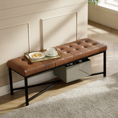Tyreise 50.5'' W Modern Genuine Leather  Bench with Button-tufted and Metal Legs