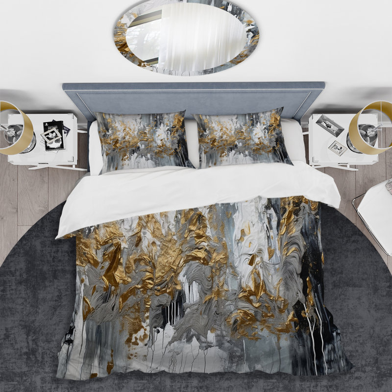 Noir et blanc délicat Brushstrokes I - Ensemble de housse de couette en marbre abstrait - Polyester microfibre