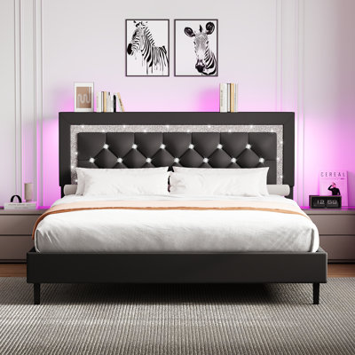Alber Bed Frame with Storage Headboard, Upholstered Platform Bed Frame with Diamond Tufted Headboard and LED Lights, Wooden Slats Support, Noise Free