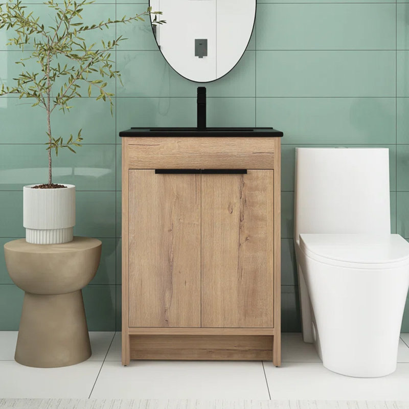 Meuble-lavabo simple autoportant 24 po avec plateau en céramique 24 po, Imitation chêne