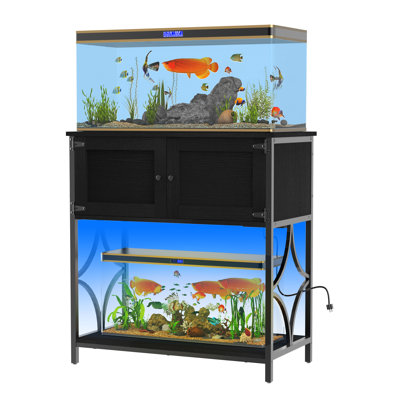 20-29 Gallon Aquarium Stand - Reptile Storage Rack, With Power Outlets & LED Light & Storage with Cable Management, 30.7"L x 15.7"W,Black