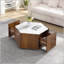 Table basse hexagonale rustique rétro en bois avec 2 tiroirs cachés, dessus en marbre blanc texturé, finition chêne noyer - parfaite pour le salon et la réception-1908205580-1908205618