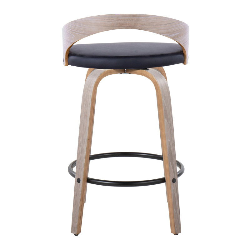 Tabouret de comptoir contemporain de 26 po de hauteur fixe avec pivot en bois gris clair et similicuir noir avec repose-pieds rond en métal noir - ensemble de 2