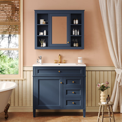 Meuble-lavabo de 36 po avec lavabo supérieur, armoire de rangement moderne avec miroir, 2 tiroirs et un tiroir basculant, armoire-miroir avec 6 tablettes ouvertes, meuble-lavabo simple
