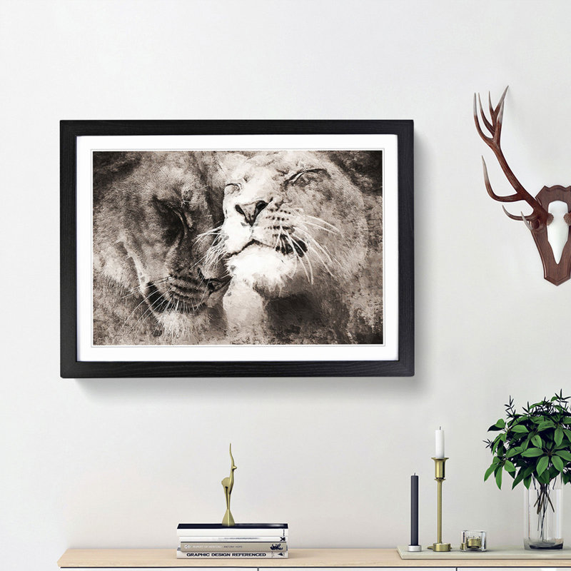 Pair of Loving Lions - Picture Frame Graphic Art Print, Black Framed, 36cm H x 48cm W x 2cm D
