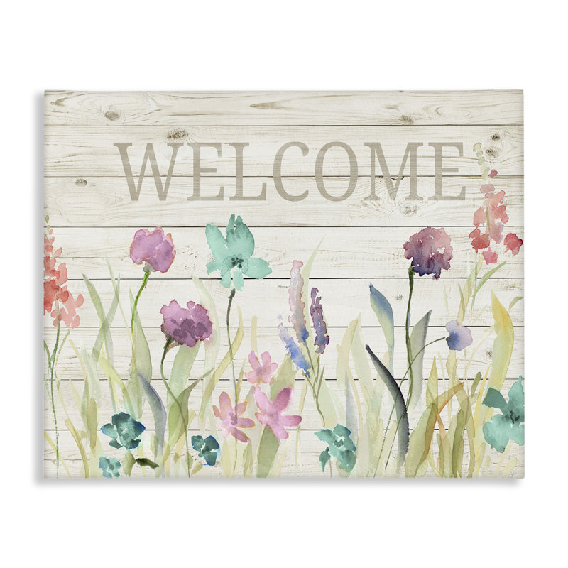 Welcome Sign Spring Wildflower Meadow Rustic Pattern, 30" H x 40" W