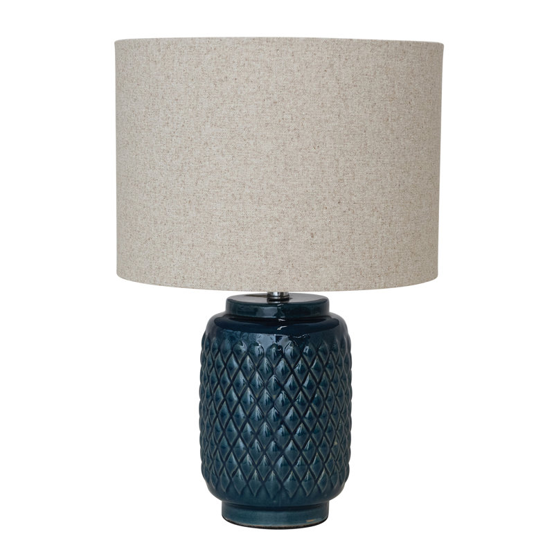 Lampe de table en céramique à relief élevé avec abat-jour en lin dans un glacis réactif