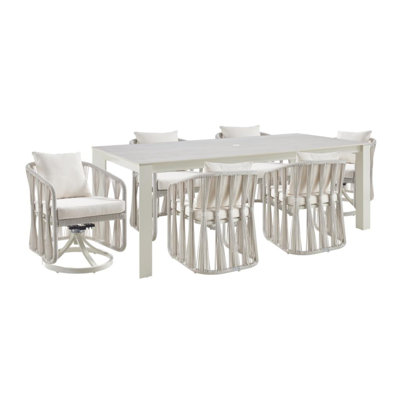 Ensemble repas d'extérieur rectangulaire en métal thermolaqué 7 pièces Breeze avec coussins Pearl