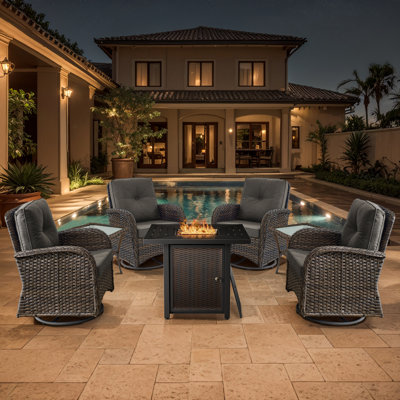 Aluel 7-Pieces Outdoor Wicker Rocking and Swivel Chairs & Fire Pit Table Conversation Set With Cushions