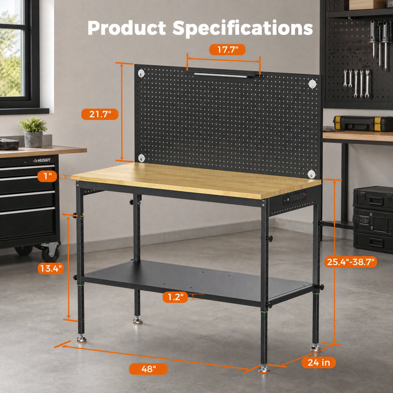 48"multifunctional Heavy Duty Workbench For Garage With Pegboard,2000lbs Load,adjustable Height,led Light