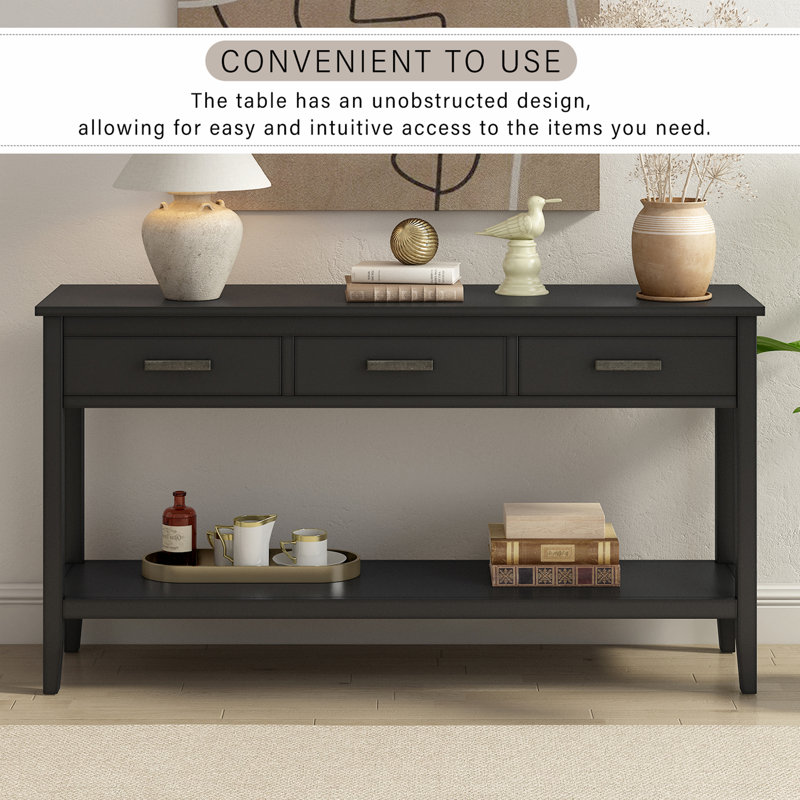 Modern 3-Drawer Console Table with Storage Shelf, Black