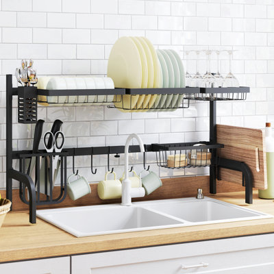 Rosewood Over The Sink Dish Drying Rack, 2 Tier Adjustable Dish Drainer Black