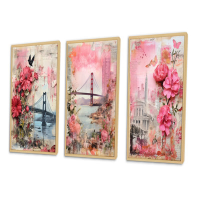 «Golden Gate San Francisco Retro Pink Collage I», 3 pièces sur toile