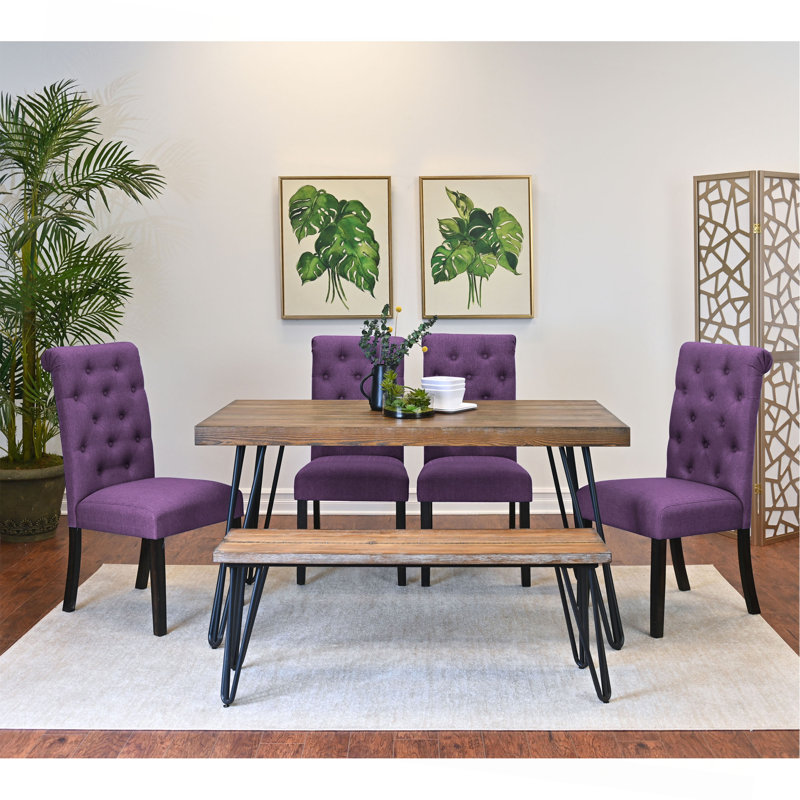 7-Piece Dining Set, Hairpin Dining Table With 6 Chairs, 4 Color Options, 6 Pieces: Table, Bench, 4 Chairs, Purple