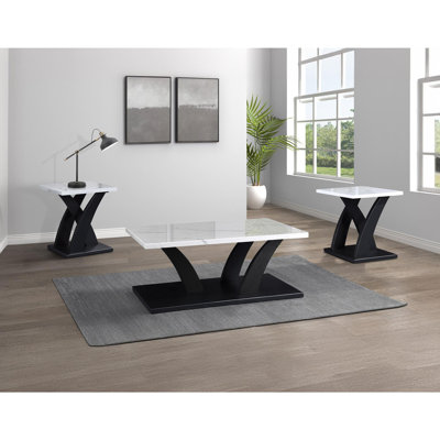 Modern White Black 3-Piece Cocktail Set Faux Marble Table Top Table and Two Matching End Tables by Orren Ellis