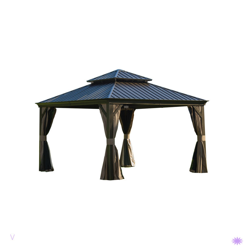 Pavillon de jardin extérieur avec double toit en acier galvanisé, H 120,89 po x l 142,73 po x P 142,86 po, Brun
