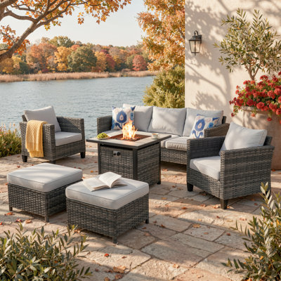 Ensemble de meubles de patio en osier / rotin pour 5 personnes Allcot, ensemble de canapés d'extérieur avec coussins décoratifs et coussins confortables