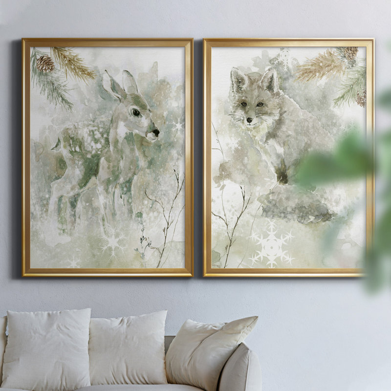 Winter Lodge Fawn - ensemble de 2 reproductions d'art, Toile encadrée dorée, Pas de tapis, H 18,5 po x l 49 po x P 1,5 po