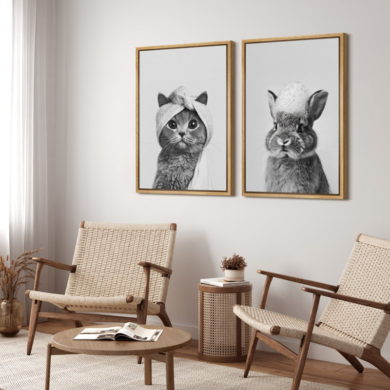 «Cat and Rabbit Spa Day», ensemble d'art mural sur toile, impressions encadrées d'humour animal noir et blanc pour décor de salle de bain fantaisiste