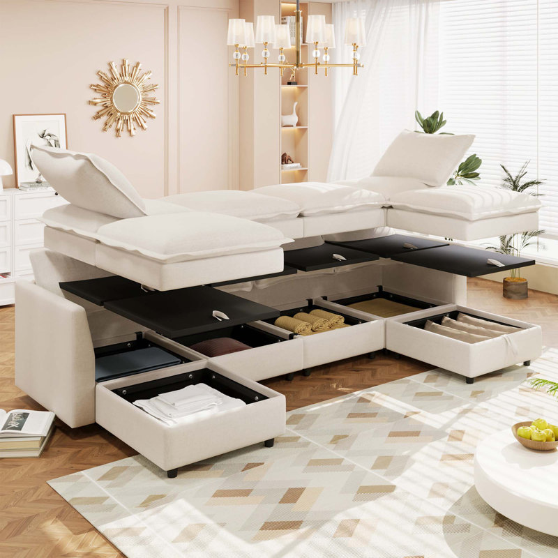 6-Piece Modular Sofa Bed With Storage, Beige Polyester