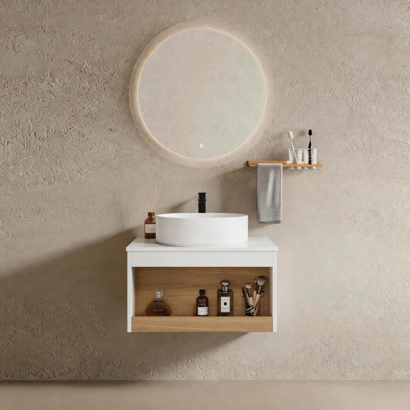 Meuble-lavabo mural 24 po avec lavabo en céramique et compartiments de rangement ouverts, 24, Blanc
